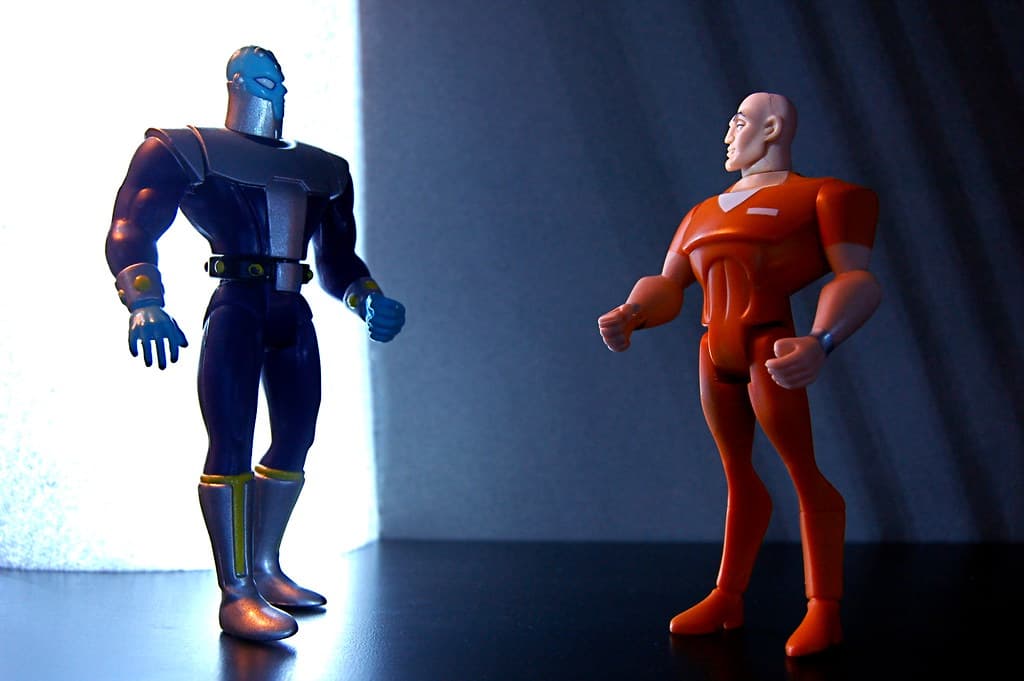 Close-up of the new McFarlane Toys DC Classic 7-inch Brainiac action figure with green skin and purple suit